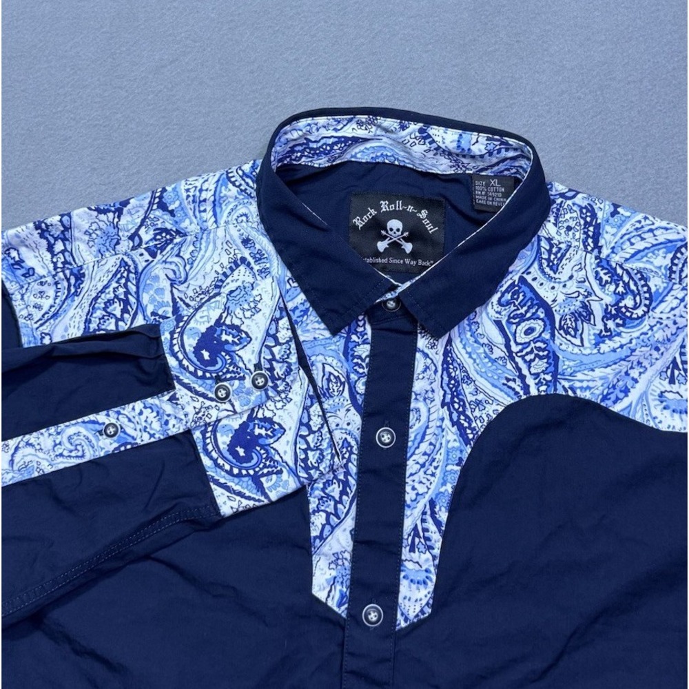 Rock Roll N Soul Shirt Mens XL Western Yoke Navy Contrast Cuff Cowboy Rodeo USA